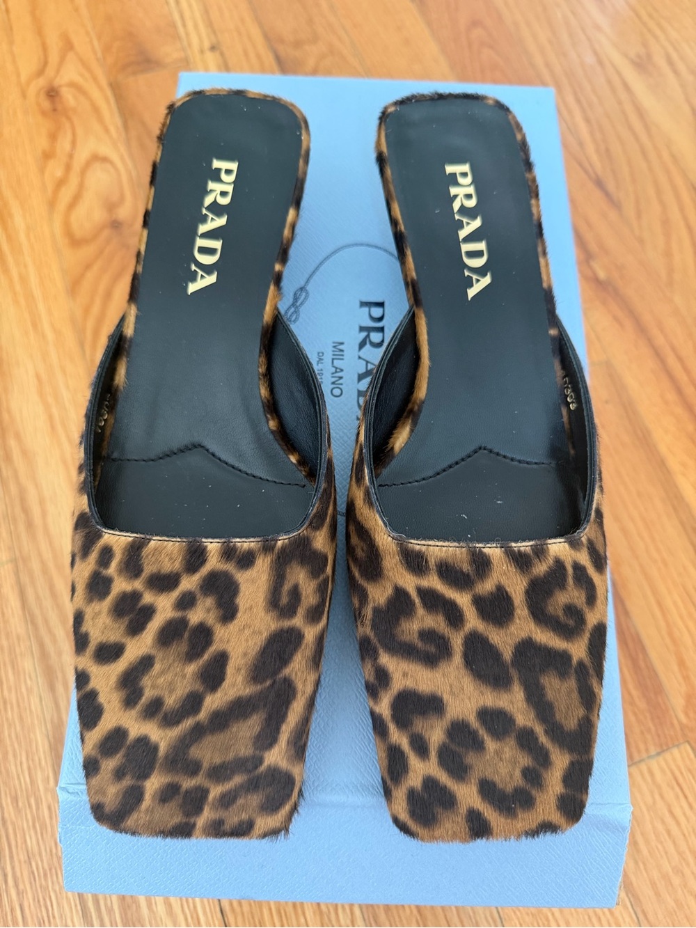 Prada Leopard Ponyhair Square Toe Mule w/ Triangle Heel NIB